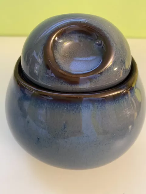 SANGO Pottery Sugar Bowl with Lid Blue Glaze with Brown Trim