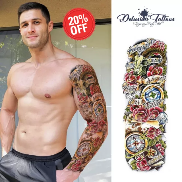 Full Sleeve Arm Temporary Tattoo Realistic, Compass, Rose, Dragon, Mens, Womens