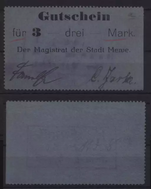 [17245] - NOTGELD MEWE (heute: Gniew), Stadt, 3 Mark, o. D. (1914). Dießner 233.