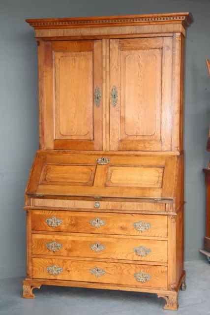 Rare antique blonde oak Georgian Chippendale secretaire bureau bookcase desk