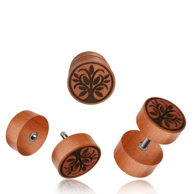 Fake Wood Plug Sawoholz Tree of Life Engraved Stainless Steel Organic Tribal