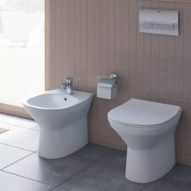 Coppia Sanitari A Terra Vaso Wc Rimless Coprivaso Soft Close Bidet Bianco Caddy