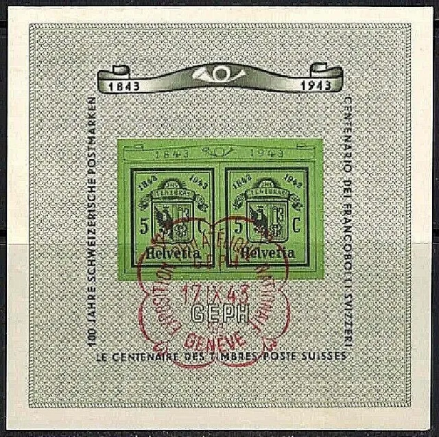 Switzerland Stamps:1943 SC B132 GEPH Souvenir Sheet. Commemorative Cancel