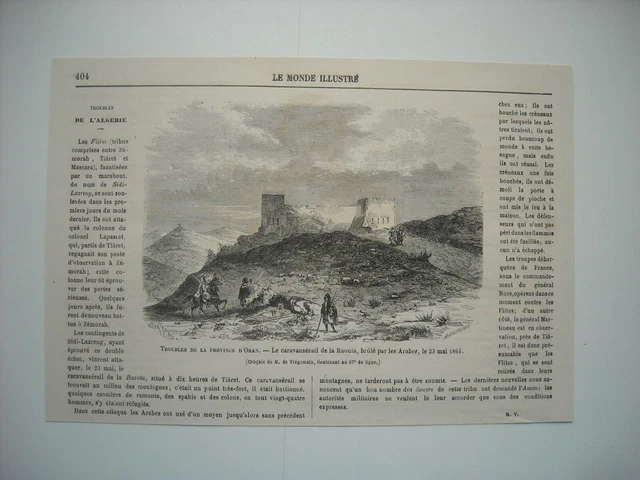 Gravure 1864. Troubles Algerie. Le Caravanserail De La Raouïa, Brule Par Arabes.