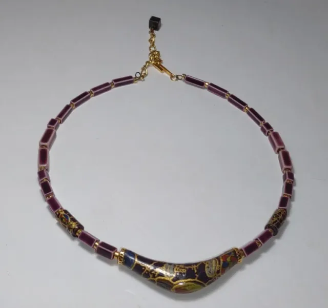Japan Purple Turquoise Gold Cloisonne Enamel Tube Bead Choker Necklace Floral