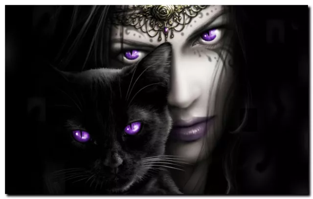 GOTHIC ANGEL & BLACK CAT- QUALITY CANVAS ART PRINT- Poster 12x8"