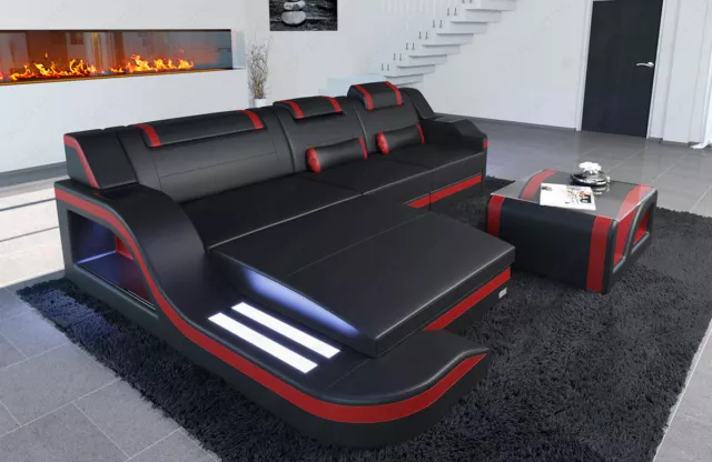 Ecksofa Echtleder Couch Design Sofa PALERMO L Form LED Beleuchtung Schwarz Rot