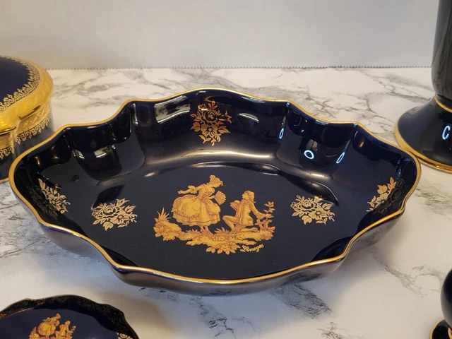 Vntg Limoges Vanity Collection 22k Gold & Cobalt Trinket Boxes Bowl Glass Ewer 2