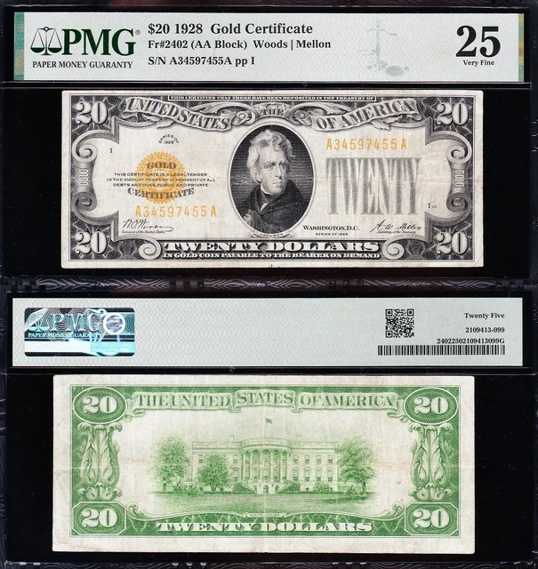 VERY NICE Bold & Crisp VF+ 1928 $20 GOLD CERTIFICATE! PMG 25! FREE SHIP! 97455A