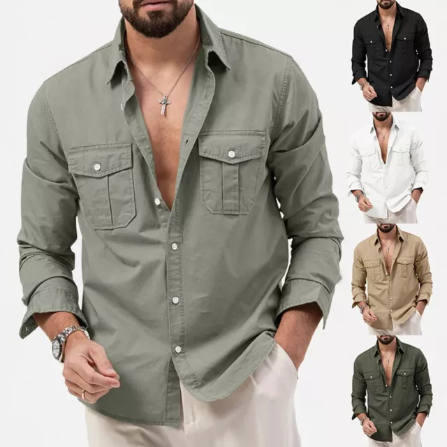 Fashionable Men's Lapel Long Sleeve Button Down Cargo Shirt Jacket Outwear Tops