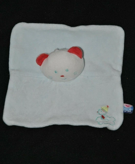 Peluche doudou chat plat SUCRE D'ORGE bleu oiseau brodé BE