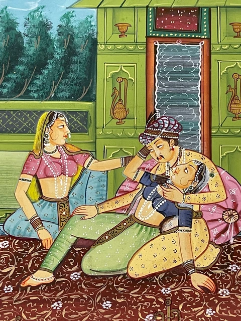 Indien Image Gouache Peinture Vintage Main Peint Sur la Soie 2