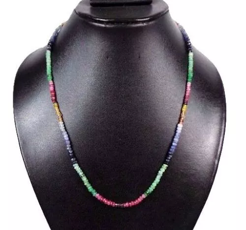 100 % Natural Faceted Multi Emerald,Sapphire Beads Gemstone Jewelry Necklace 18"