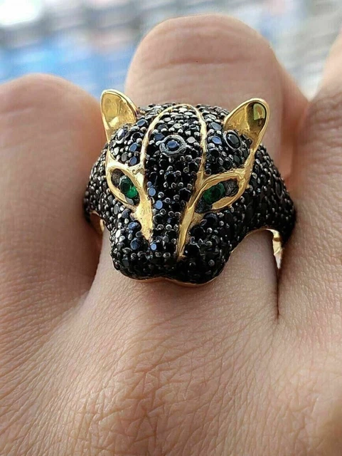 2 Ct Lab created Round Emerald & Black Panther Ring 14k Yellow Gold Plated
