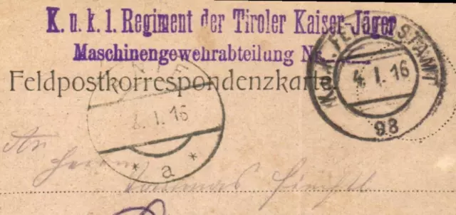 Feldpostkorrespondenzkarte 1916 - K.u.k. Regiment der TIROLER KAISER-JÄGER MGAbt