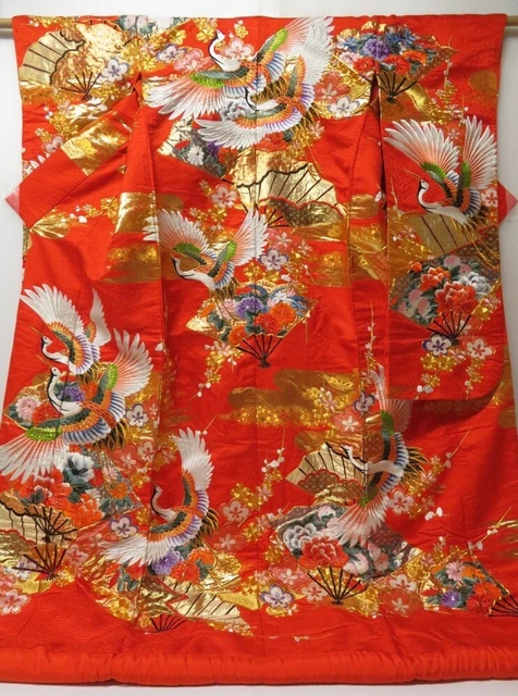 2304T04z4530  Japanese Kimono Silk UCHIKAKE Flying crane Tomato red