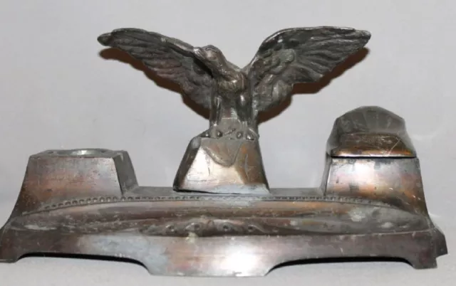 Antique Art Deco European Solid Pewter Desk Eagle Inkwell