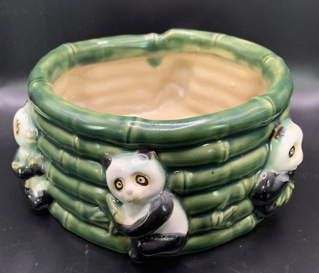 Vtg Majolica 6 Panda Ceramic Planter Bowl Art Pottery Green Pot Bamboo Planter