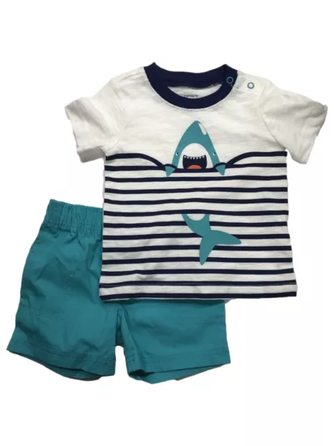 Carters Infant Happy Shark Baby Outfit Blue & White Shirt & Teal Shorts Set