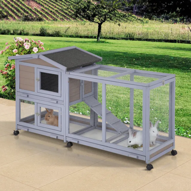 Rabbit Hutch Indoor & Outdoor Large Rabbit Cage  Guinea Pig Cage w/ Wheels &Tray