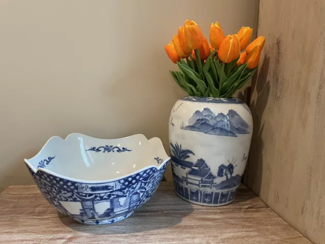 Large Chinese Blue & White Hand Painted Wave Edge 10” Multipurpose Bowl