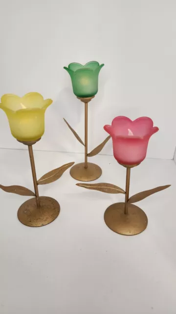 Vintage Brass Frosted Glass Tulip Votive Candle Holders Set Of Three