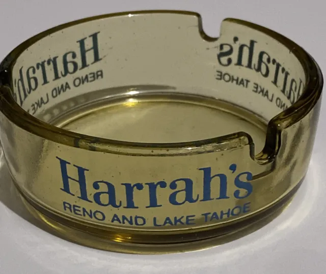 Harrah's Reno and Lake Tahoe Honey/Amber Color Glass Baby Blue Lettering Ashtray