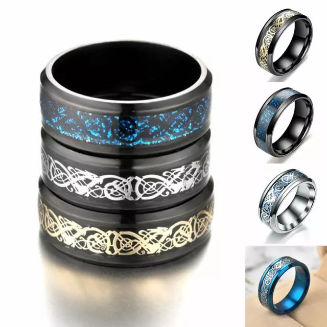 For Mens Women Silver Dragon Inlay Stainless Steel Jewelry Wedding Ring Size6-13