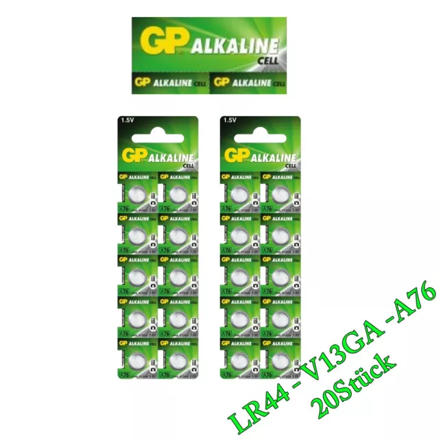 1x 20 Stück GP LR44 Knopfzelle Knopfbatterie A76/G13/AG13/L1154/LR44/157/V13GA/R