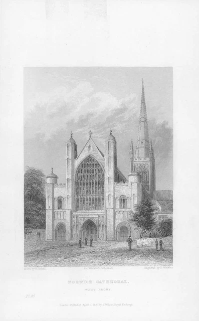 1838 Antique Engraving NORWICH CATHEDRAL WEST FRONT Norfolk (WC33)