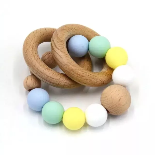 Baby Chewable Silicone Beads Teether Bracelet Teething Wooden Ring Rattles Toys