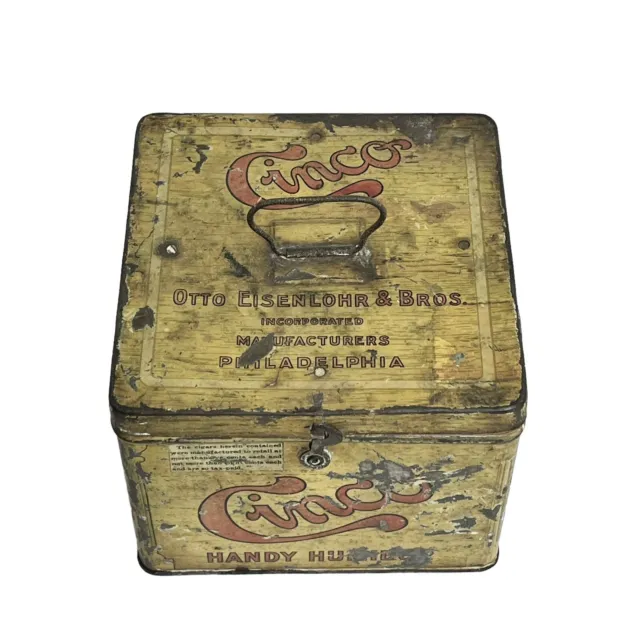 Antique Vintage Cinco Handy Humidor Tin Cigar Box Tobacciana Advertising Empty