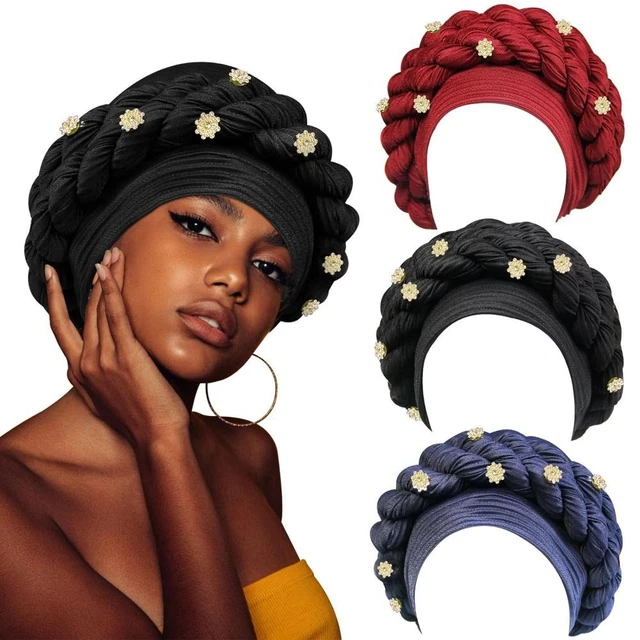 3PCS Headwrap Women Turban Cap Black Beanies Twisted Beaded Headscarf  Hair