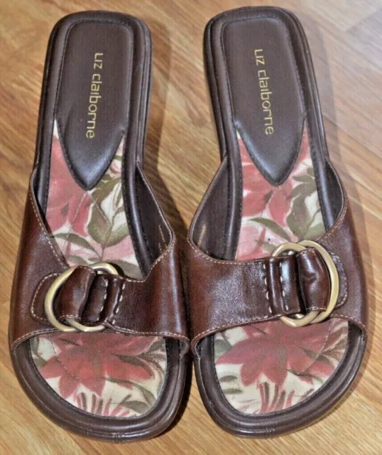 Liz Claiborne sz 9 Kokomo leather wedge heel slip on open toe sandal