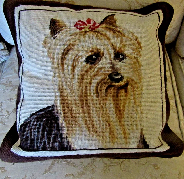 15 1/2" SQ. Custom NEEDLEPOINT Yorkshire Terrier figure LARGE DECORATOR PILLOW