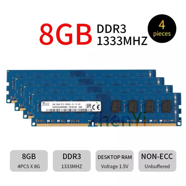 SKHynix 32Go 4x 8Go 4Go DDR3 1333MHz PC3-10600U 240Pin Desktop Mémoire SDRAM FR