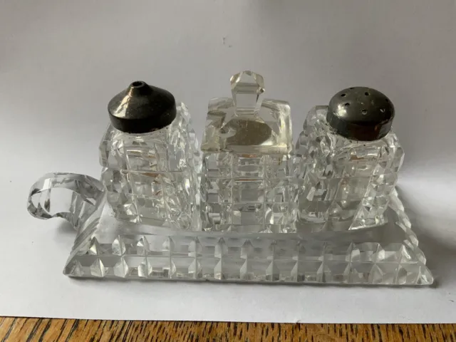 thick cut glass condiment set Antique Salt Pepper Mustard Small Chunky victorian 2