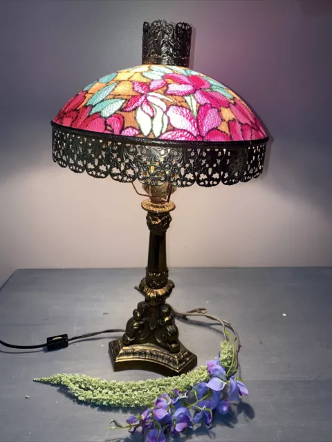 Vtg Brass Gold Filigree Table Lamp Tiffany Style Victorian Floral 18” Ornate