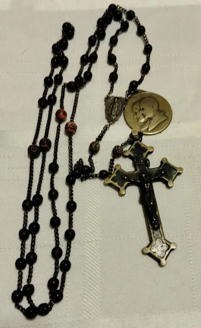 Antique Rosary 19th C Brass Crucifix Vatican Medal Priest Owned 3