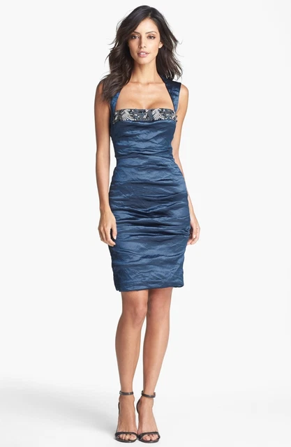 knee length dresses for ladies Nicole Miller- Solid Techno Metal V Neck Dress – Vicky and Lucas