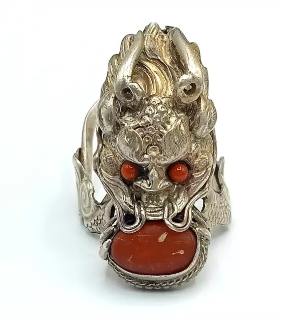 US SIZE 7 Dragon Natural Coral Studded in Eyes & Mouth Old Sterling Silver Ring