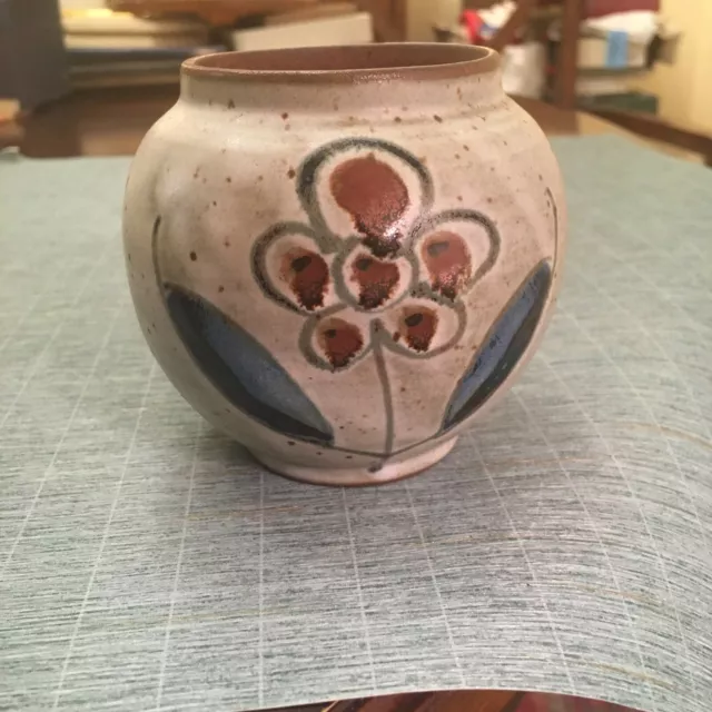 Vintage MCM OTAGIRI Speckled Stoneware Bud Vase Hand Painted Flowers 3.25" MINT!