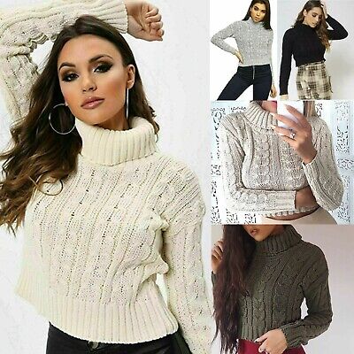Womens Ladies Cable Knit Polo Neck Long Sleeve Cropped Top Jumper UK