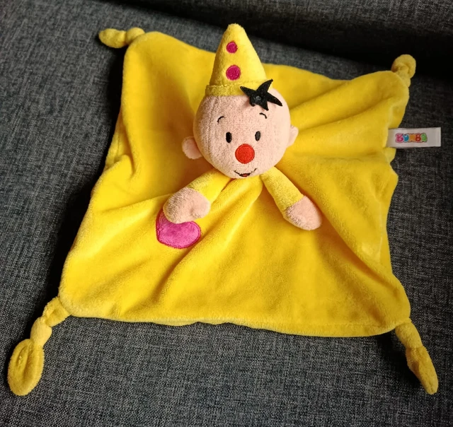 🌟Peluche doudou Soft lutin clown plat BUMBA jaune coeur rose 4 noeuds