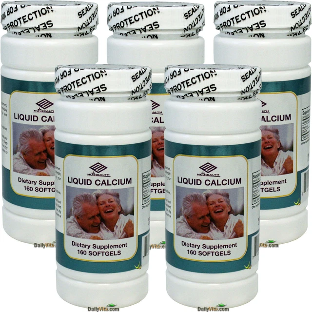 5 x Calcio líquido NuHealth con vitamina D 300 mg 160 cápsulas blandas RECIÉN HECHAS EN EE. UU.