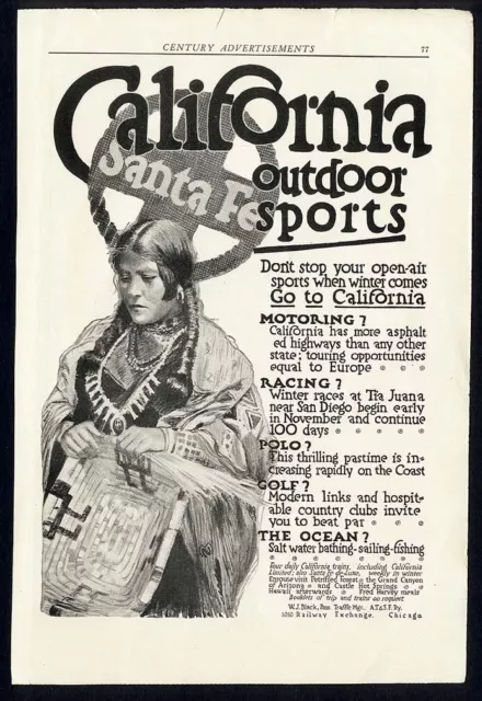 SANTA FE Railway Train Ad 1910 to CALIFORNIA Native AMERICAN Woman