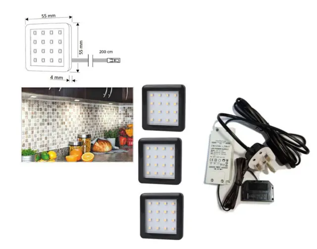 SQUARE 1.5W Black - Cold White LED Light Kit Under Cabinet Shelf Cupboard Sets