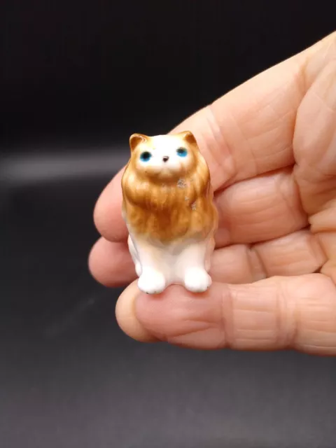 Bone China Persian Cat Figurine Miniature White & Brown Hand Painted 1.5"