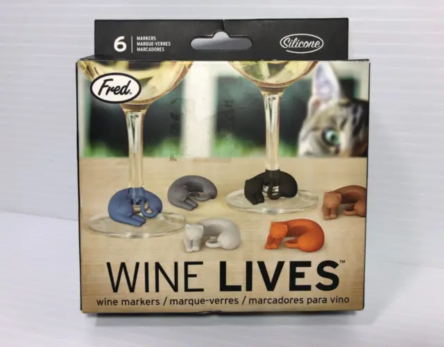 Fred WINE LIVES Wine Markers Set of 6- Cat Wine Glass Charms New