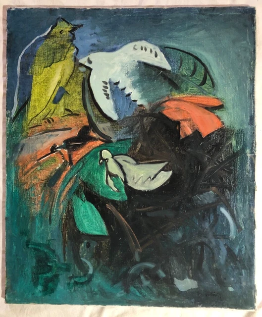 Siegfriedo Oliva painting historical work 60s Uccelli flight oil on canvas 60x50 cm